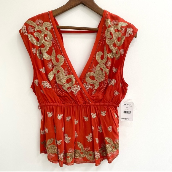Free people red gold sequin embroidered open back top size small - Picture 2 of 9